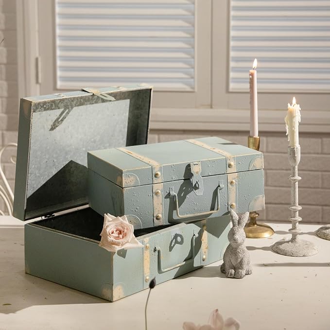 Vintage Metal Storage Trunks - Set of 2, Antique Decorative Storage Chests with Lids, Decorative Suitcase Boxes, Vintage Suitcases for Keepsakes and Home Decor, Blue