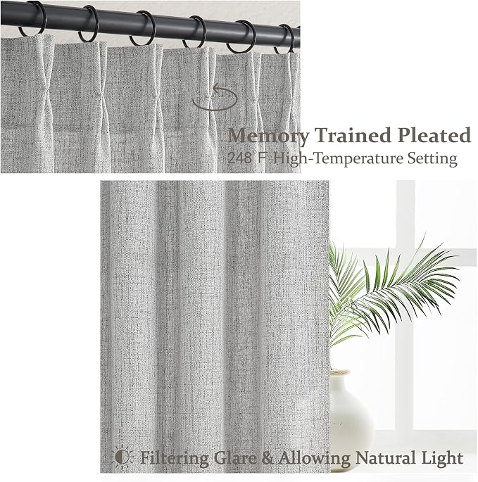 Light Grey Pleated Extra Wide 70 Inch Bedroom Curtains 84 Inches Long 2 Panels Set, Memory Shape Semi Sheer Linen Textured Curtain Light Filtering Privacy Sliding Doors Windows Drapes with Hooks Rings