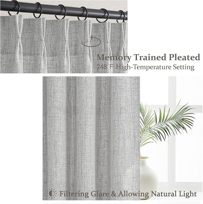 PleatedDrapes Light Grey Pinch Pleat Curtains 105 Inches Extra Long for Room Divider, Memory Shape Semi Sheer Natural Linen Large Drapes Light Filtering Classroom Aesthetic Window Curtain 2 Panels Set