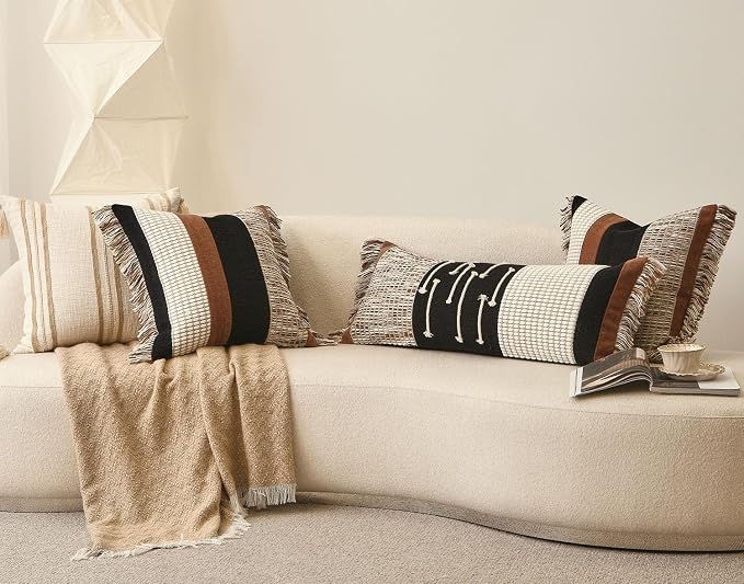 Black Boho Throw Pillow Covers 20x20 inch | Modern Accent Square Pillows Cover for Couch Bed Living Room Decorative