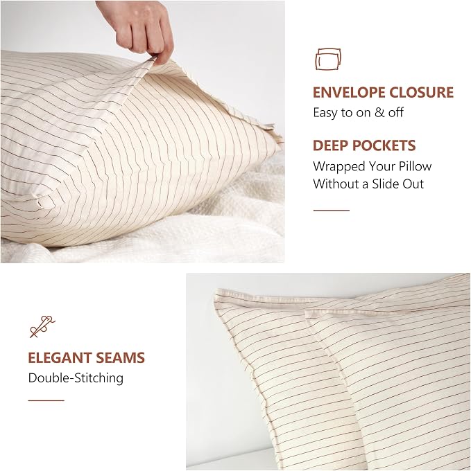 Striped Linen Pillow Cases Set of 2,20"x40" King Size,100% French Natural Flax Soft Linen Pillowcases,Rust Pinstripe