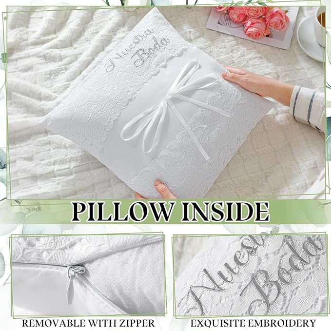 Mixweer 2pcs Wedding Embroidered Kneeling Pillows Nuestra Boda 18 x 18 Inch Embroidered Prayer Pillow Satin and Lace Kneeling White/Silver, Cojines para Boda, Decoracion(18",with 2 Pillows)