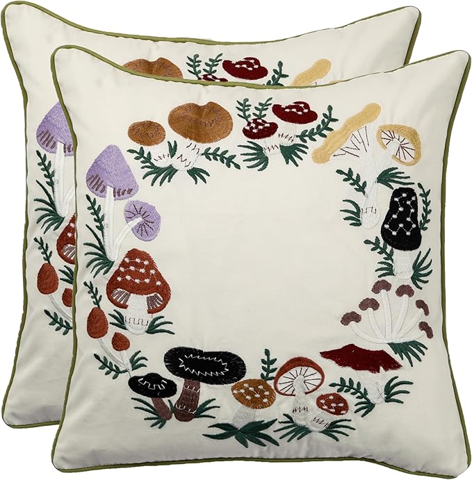 Mushroom Pillow Covers 18 x 18 Set of 2 Embroidered Throw Pillow Covers Mushrooms Decorative Pillowcases Farmhouse Cotton Pillow Cushion Cases Spring Summer Home Decor Square Floral Pillow Case