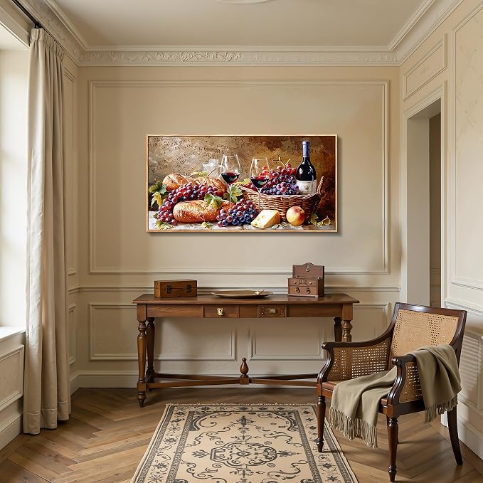 imjiayu Large Framed Wall Art, Kitchen Wall Art, Rustic Wall Decor, Vintage Food Wine Painting Prints, Fruit Harvest Pictures for Living Room Dining Room Pub Home Bar Farmhouse Decorations 20"x40"