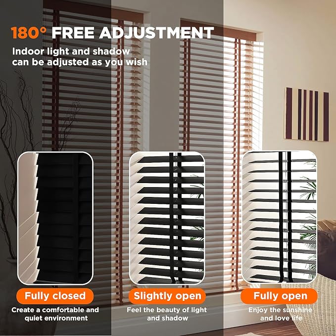 2" Slats Wood Blinds for Indoor Windows: Solid Wooden Blackout Blinds & Shades,Black Out Privacy Horizontal Blinds for Home Bedroom Bathroom Living Room Windows and Doors 41.5" WX48 H Black