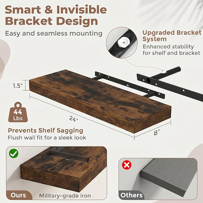 24 Inch Floating Shelves for Wall, 8"D Wood Storage Shelves, Brown Finish | Engineered Wood, Invisible Bracket, Large Storage, Easy Install, Hold Up to 44lbs, Living Room, Bathroom, Bedroom, Kitchen