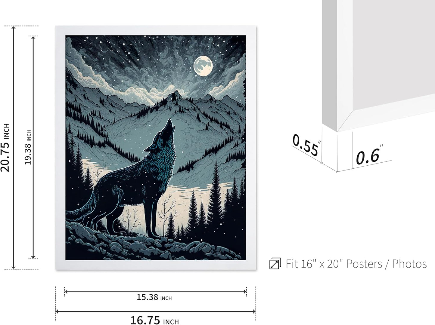 Poster Master Vintage Illustration Poster - Retro Animal Print - Gift for Artist, Friend - Wolf Howling at the Moon, Mountain, Snow, Landscape - Wall Decor for Home, Office, 16x20 White Framed