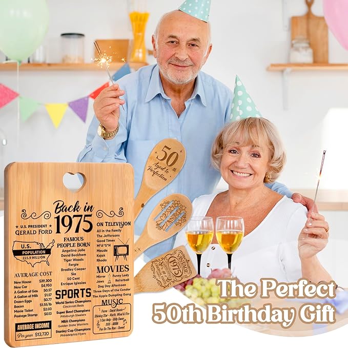 50th Birthday Gifts for Him Her- "Back in 1975" 50th Birthday Gifts for Women Cutting Board, Bamboo-Made Engraved "Year 1975 News" 50th Birthday Gifts