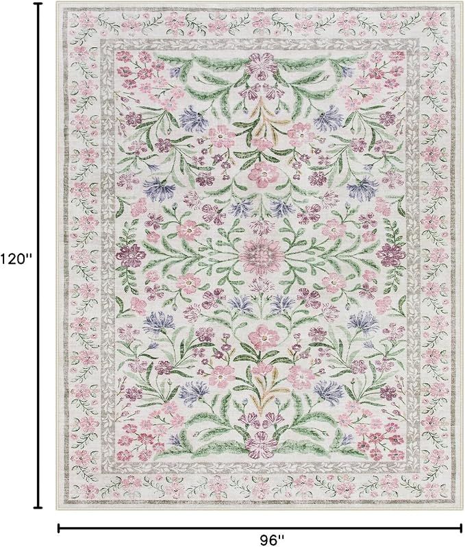Wonnitar Purple Floral 8x10 Area Rugs, Washable Rug for Living Room, Soft Ultra-Thin Non-Shedding Large Indoor Boho Carpet for Bedroom Nursery Playroom Classroom Decor, Light Purple/Pink