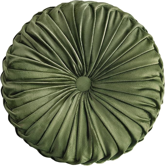 Teieas Round Throw Pillow Velvet Home Decoration Pleated Round Pillow Cushion for Couch Chair Bed Car (Olive)