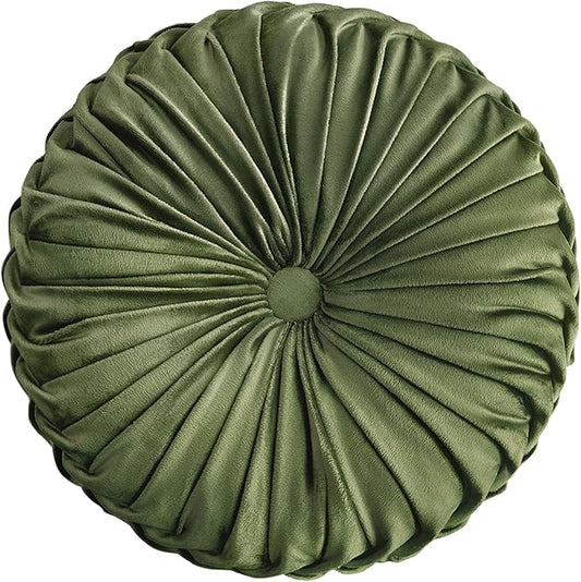 Teieas Round Throw Pillow Velvet Home Decoration Pleated Round Pillow Cushion for Couch Chair Bed Car (Olive)