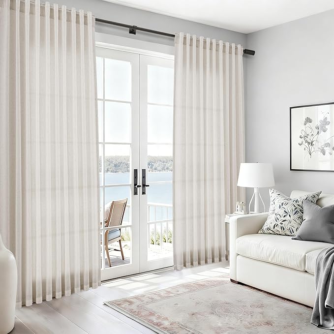Nanspring Pearl White Curtains 90 Inches Long for Living Room Linen Light Filtering Semi Sheer Curtain Back Tab Rod Pocket Coastal Decor Neutral Elegant Gray Drapes for Bedroom 52x90, 2 Panels