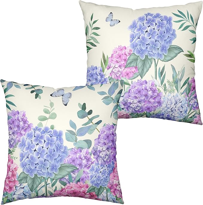 Hydrangea Pillow Covers 22x22 Set of 2 Spring Flowers Outdoor Pillow Covers Blue Purple Hydrangea Eucalyptus Throw Pillowcase Cotton Linen Cushion Case for Sofa Outdoor Patio