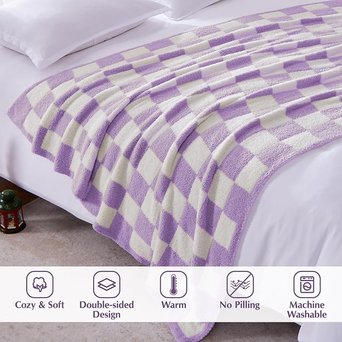 WRENSONGE Soft Checkered Throw Blanket for Couch-Cozy Warm Knitted Blankets | Lightweight Warm Fluffy Decor for Women, Mom, Her & Girls, Sofa, Chair, Bed, 50x70in, Purple