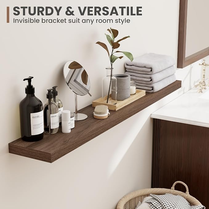 Acovy 48 Inch Floating Shelves, 8 Inch Deep Floating Shelves for Wall, Hanging Shelf with Invisible Brackets, Deep Shelves for Bathroom, Bedroom, Living Room, Walnut, Set of 1