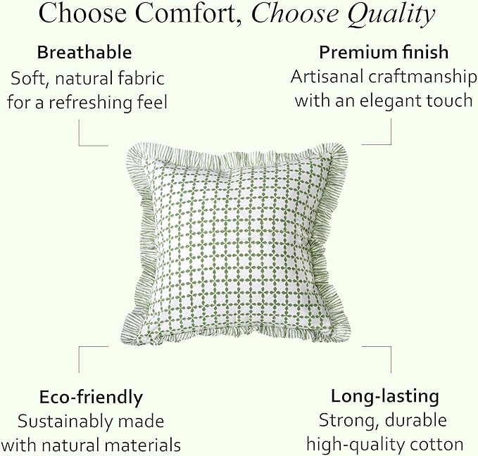 CPC Kelly Green Hand Block Print 100% Cotton Ruffle Throw Pillow Cover 20x20 inch with Hidden Zipper Decorative for Couch, Bed, Sofa, Farmhouse, Cottagecore Decor Gift Christmas Fall Thanksgiving