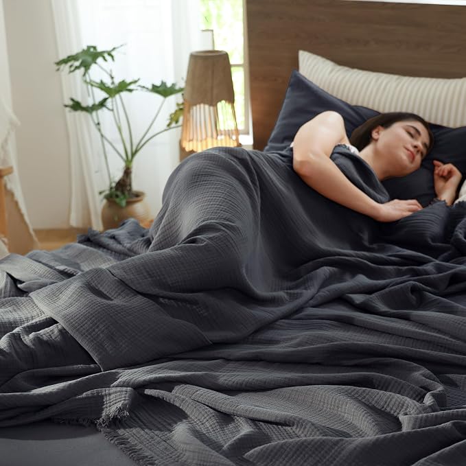 MooMee Muslin Blanket - 100% Cotton 4-Layer Gauze Throw Blanket with All-Around Fringe, Soft Breathable Lightweight Cooling Summer Blankets for Bed Couch (Dark Grey,Throw 60" x 50")
