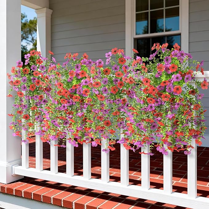 ZFProcess Artificial Hanging Flowers for Outdoors Spring Decoration, 2PCS Silk Fake Daisy Realistic Fake Outdoor Flowers UV Resistant Porch Patio Window Yard Decor(Purple Red)
