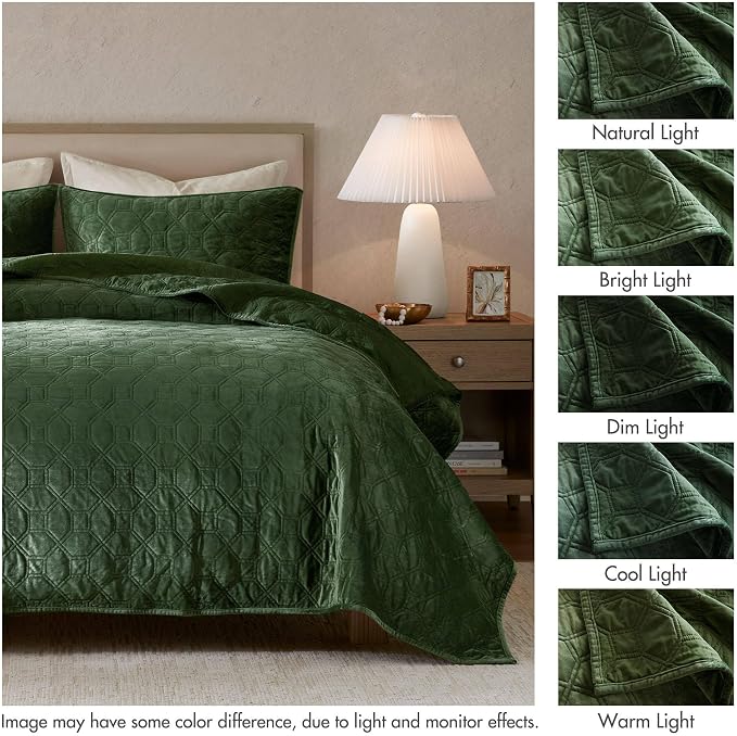 Madison Park Harper Quilt Set Velvet Casual Geometric Stitching Design All Season, Lightweight Coverlet, Cozy Bedding, Matching Shams, Full/Queen(90"x90"), Green 3 Piece