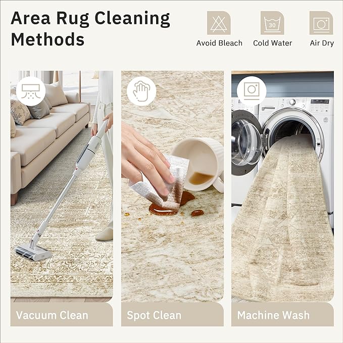 Soalmost 5x7 Area Rugs Beige Low Pile Indoor Washable Trendy Faded Style Floral Rugs for Bedroom Living Room Dining Room Foldable Non-Slip Thin Print Mat
