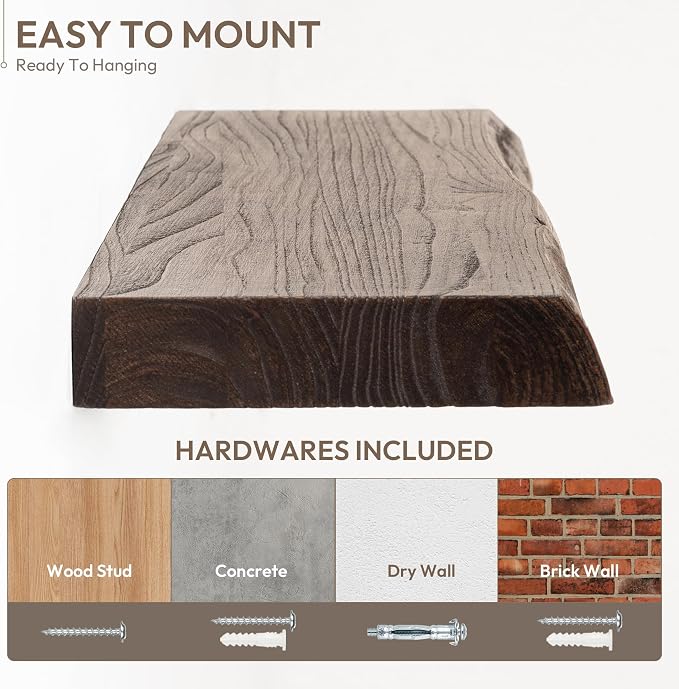 Marsmiles 55 inch Floating Shelves for Wall Elm Wood Live Edge Shelves Wall Mounted|Rustic Long Floating Shelves with Invisible Bracket for Bathroom Living Room Kitchen|Walnut, 1 Pack