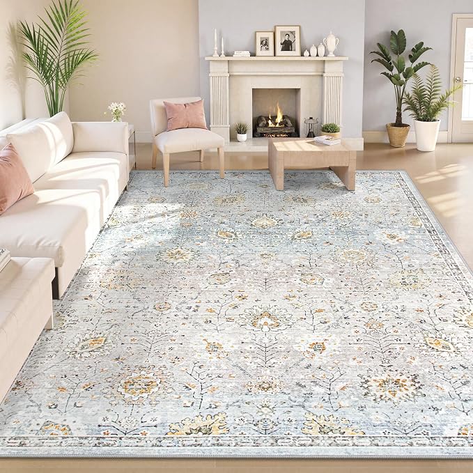 Lahome Flavie Boho Light Blue Area Rug 8x10 for Living Room, Soft Floral Rugs for Bedroom Aesthetic, Washable Floor Carpet Non Slip Indoor for Dining Room Home Decor (Blue/Grey)