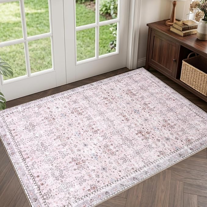 Sasttie 2x3 Rug, Ultra-Soft Washable Rug, Low Pile Foldable Thin Carpets with Non-Slip Backing, Skin-Friendly Stain Resistant Carpet for Living Room, Bedroom, Kitchen, Dorm, 2x3, Pink