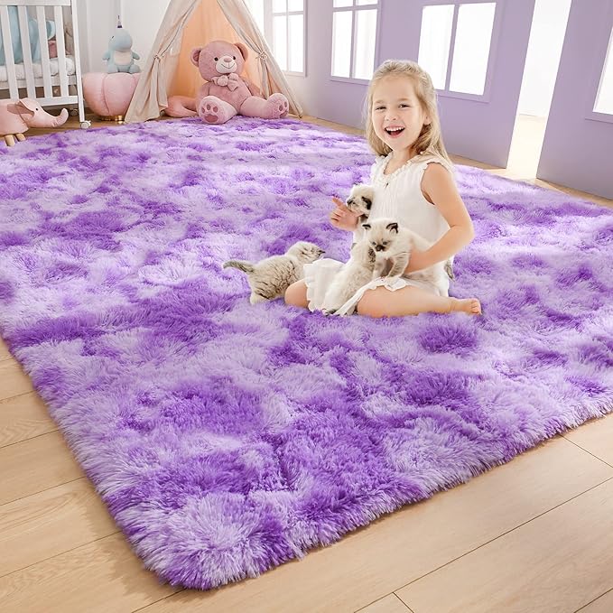 AROGAN Soft Rainbow Area Rugs for Girls Room 3x5 Feet, Fluffy Girls Bedroom Rugs, Princess Rug, Cute Colorful Carpet for Kids Teens Nursery Toddler （Purple）