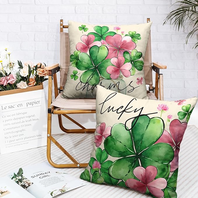 Green Pink Shamrock Pillow Covers 20x20 Set of 2 St Patricks Day Square Cotton Linen Pillow Cases Lucky Charms March Cushion Cases for Couch Sofa Home Indoor Outdoor Decor
