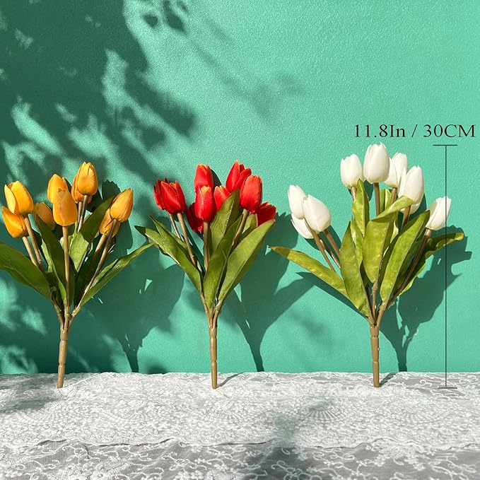 Artificial Fake Flowers for Spring Summer Outdoor Decoration,6 Bundles Shyshining Realistic UV Resistant Silk Fabric Colorful Tulip Faux Plants for outside Planter Home Porch Patio Decor(White Orange)