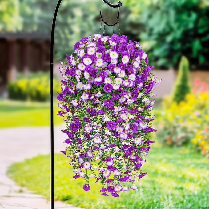 Dolicer 8 Packs Look Real Artificial Flowers for Outdoors, Fake Artificial Hanging Flowers for Outdoors Realistic UV Resistant Hanging Flowers Silk Petunia Faux Flowers for Porch Patio (Mixed Purple)