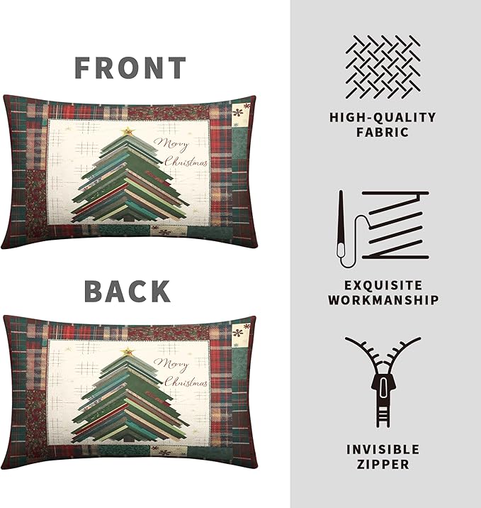 Merry Christmas Lumbar Pillow Covers 12x20 Set of 2 Red Classic Checkered Green Xmas Tree Throw Pillow Covers Holiday Pillowcase Rectangular Cushion Case for Couch Sofa