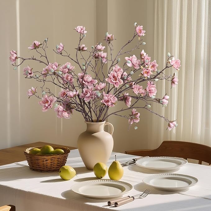 HyeFlora 3PCS Artificial Magnolia Flowers Stems for Spring Decoration, Faux Pink Magnolia Branches with Buds, 34.5" Long Stems Floral Arrangement for Vase Pot Table Centerpiece Indoor Decor