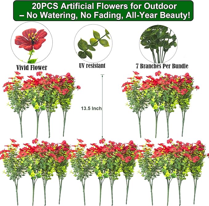 Grunyia 20 Bundles Artificial Flowers for Outdoors, UV Resistant Fake Plants Flowers Greenery Shrubs Plants for Decoration Outside Plants Hanging Planter Home Garden Decor (Red)