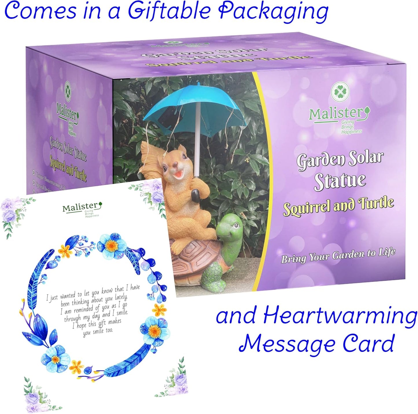 Malister Solar Garden Statue Outdoor Decor - Squirrel Siting on Turtle Statue with String Lights Umbrella for Patio, Garden Decor Garden Art Outdoor Lawn Decor Yard Art, Housewarming Garden Gifts