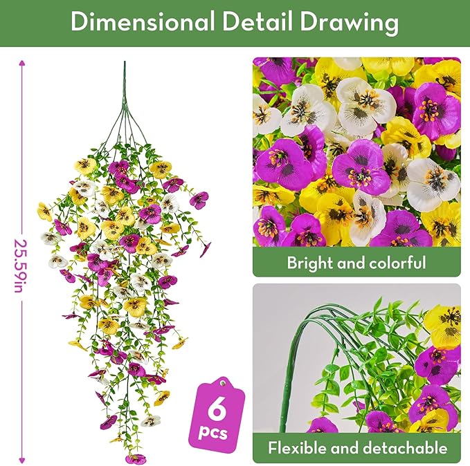 Serwalin Artificial Fake Hanging Flowers for Outdoors Planters,6PCS UV Resistant Faux Pansy Spring Flowers for Outside Porch Patio Garden Window Box (Yellow Lavender White)