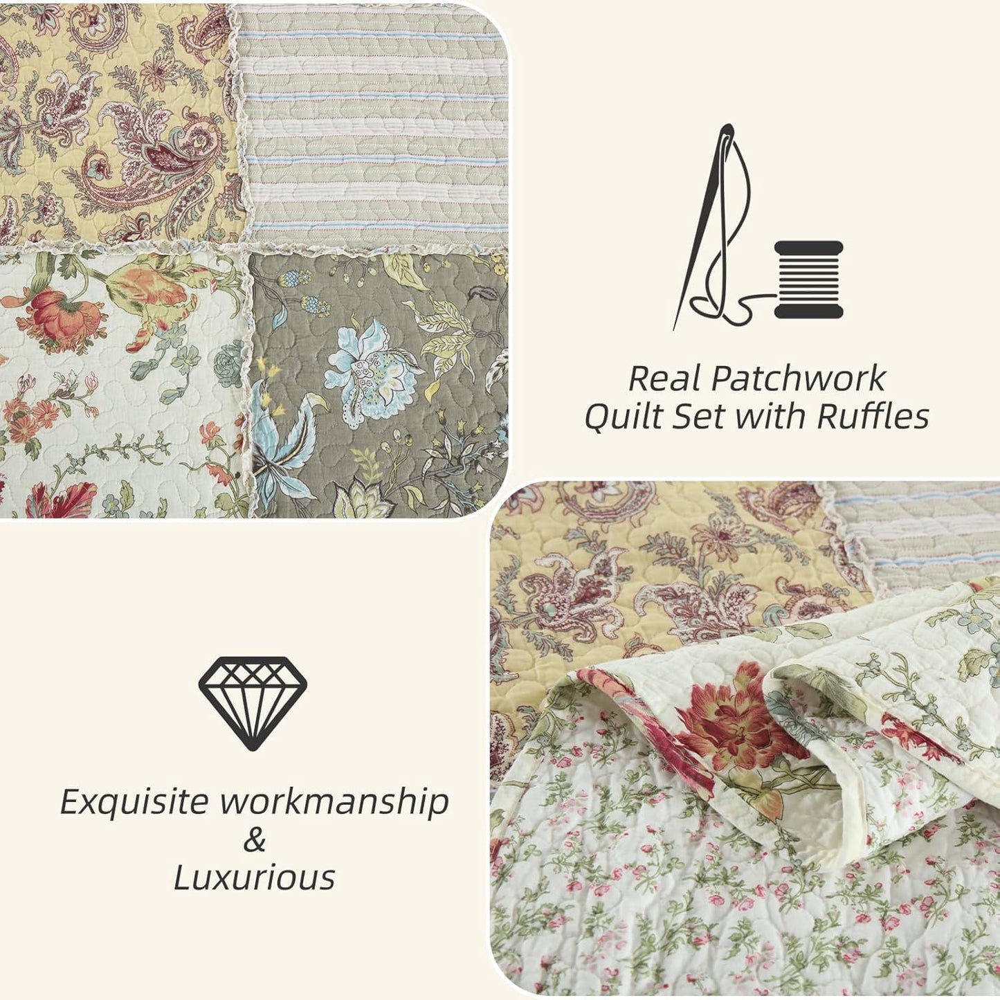 Yvooxny 3-Piece Quilt Set King Size Quilted Bedspread Reversible Country Style Floral Real Patchwork Bedding Quilt Set with Ruffles with Pillowcases for All Seasons, 108 * 96 Inches