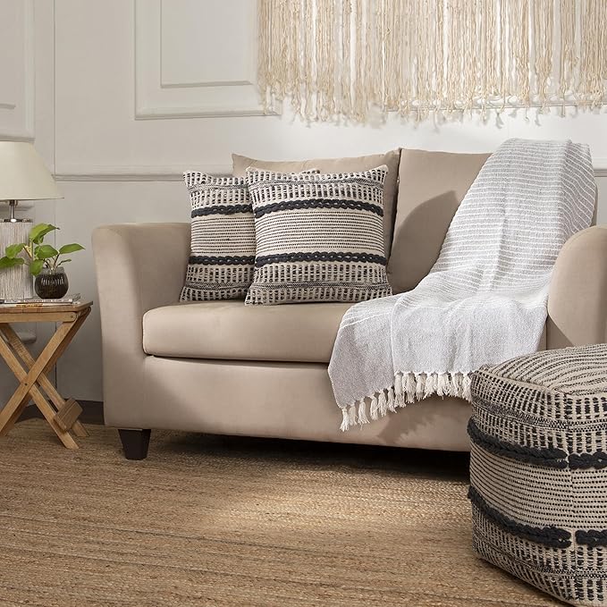 REDEARTH · Textured Throw Pillow Cushion Covers-Woven Tufted Decorative Farmhouse Cases Set for Couch, Sofa, Bed, Chair, Dining, Patio, Outdoor; 100% Cotton (18"x18", Gage Dark Gray) Pack of 2