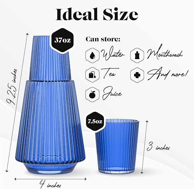 American Atelier 37 oz Vintage Bedside Water Carafe with Tumbler Lid – 9.25" Ribbed Glass Pitcher for Nightstand, Guest Room, Office, Functional & Stylish Drinkware for Daily Use (Blue)