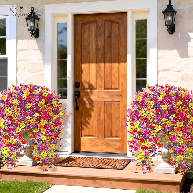 Serwalin 12PCS Artificial Hanging Flowers for Outdoors, UV Resistant Fake Hanging Plants, Realistic Weatherproof Outdoor Decor for Patio,Garden & Window (Yellow, Hot Pink, Purple &Orange,12PCS)
