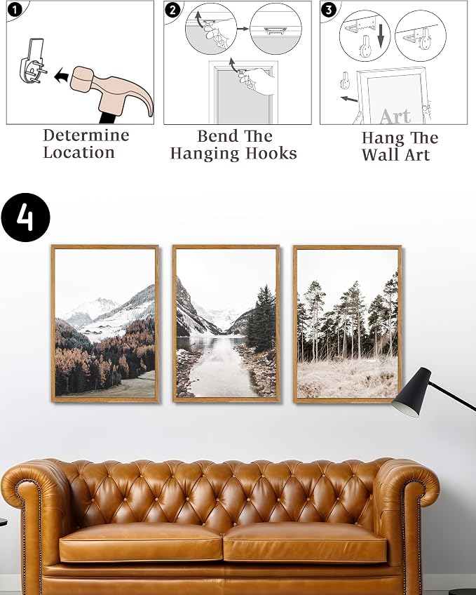 UPWOIGH Mountain Landscape Framed Wall Art, 16 x 24 Inch, Set of 3 | Mountain, Lake and Pine Tree Photography Prints, Soft Neutral Tones, Light Wood Frames for Bedroom, Office and Living Room