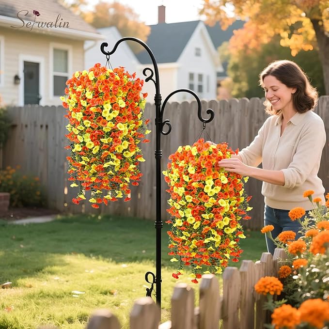 Serwalin Artificial Hanging Flowers for Outdoors Decoration, 4PCS UV Resistant Silk Artificial Fake Plants Outdoor for Porch Patio Balcony Indoor Planter Yard Decor (Orange&Yellow,4PCS)