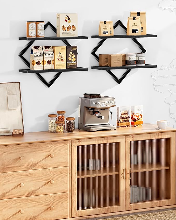 CHOEZON Floating Shelves, Set of 2 Wall Shelves, 2-Tier Hanging Shelves, Wall Shelf Set of 2, Wall Mounted Shelves, for Living Room, Bedroom, Kitchen, Office, Study, Black TBJ01P2BB