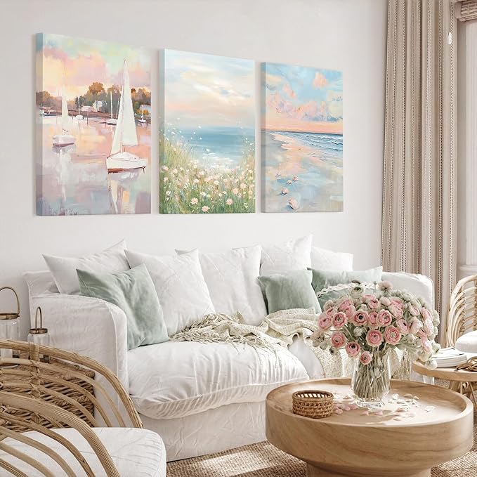 Pink Coastal Wall Art Coquette Beach Canvas Poster Summer Beachy Wall Decor Trendy Pastel Ocean Pictures Preppy Painting Wildflower Prints Sailboat Artwork for Girls Bedroom 12x16 Inch Ready to Hang
