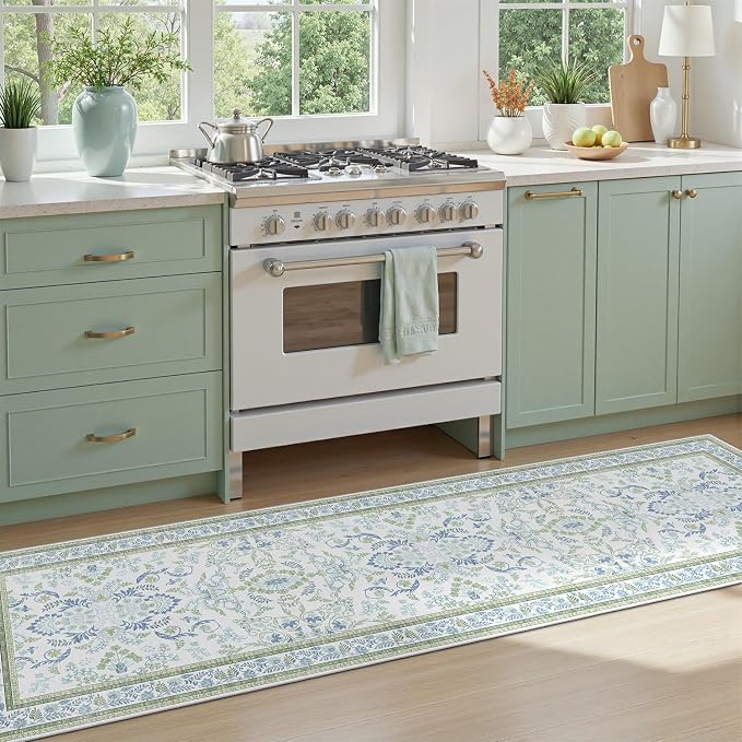 DCX Green and Blue Floral 2x6 Runner Rug, Machine Washable with Flowers Non Slip Vintage Floral Backing Hallway Runner Rug Carpet for Nursery Soft Low Pile Stain Resistant, Kitchen, Bathroom