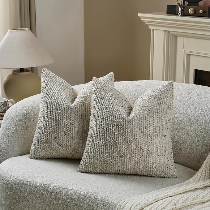 DEZENE Striped Euro Sham Pillow Covers 26x26 Set of 2 Cream Grey Textured Boucle Chic Morden Boho Accent Farmhouse Square Decorative Couch Throw Pillow Covers for Home Decor Bed Sofa Living Room