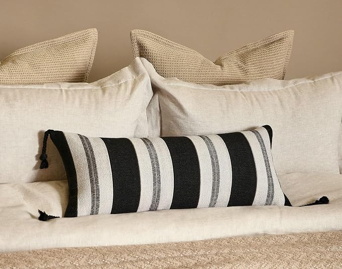 Decorative Lumbar Pillow Cover 12x28, Handwoven Boho Long Body Pillowcase, Farmhouse Linen Cotton Pillow Cushion Case for Sofa, Bed, Living Room, Bedroom(Black and White)