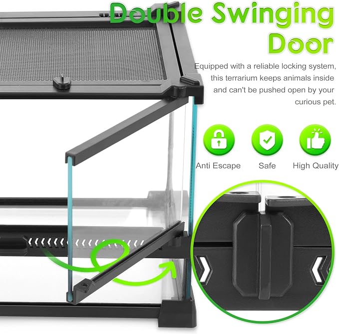 12"x8"x12" Reptile Terrarium, Double-Door Glass Arboreal Vivarium for Small Climbing Lizards Such as Juvenile Agamas, with Lock, Cable Port & Waterproof Deep Base Below Front Doors