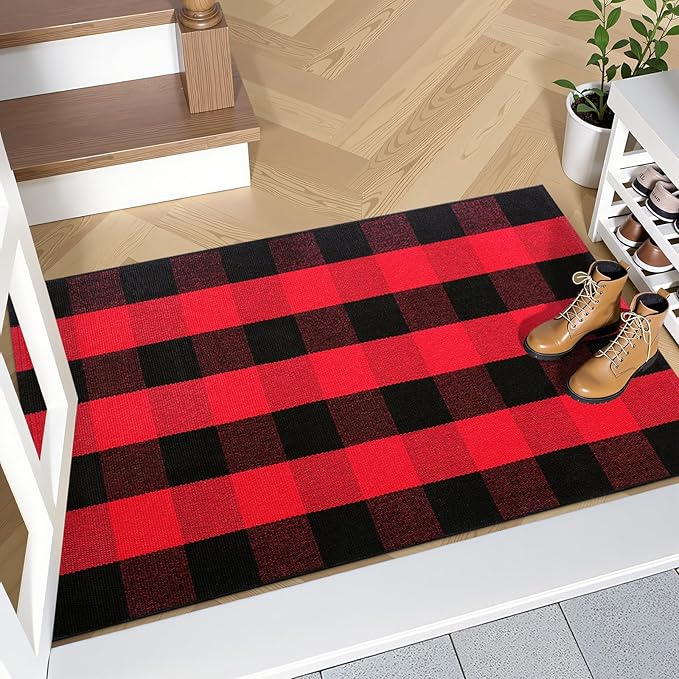 OLANLY Buffalo Plaid Rug 2' x 3' (24" x 36") – Red and Black Cotton Checkered Doormat, Washable Indoor Outdoor Rug for Layered Front Porch, Kitchen, Entryway Decor