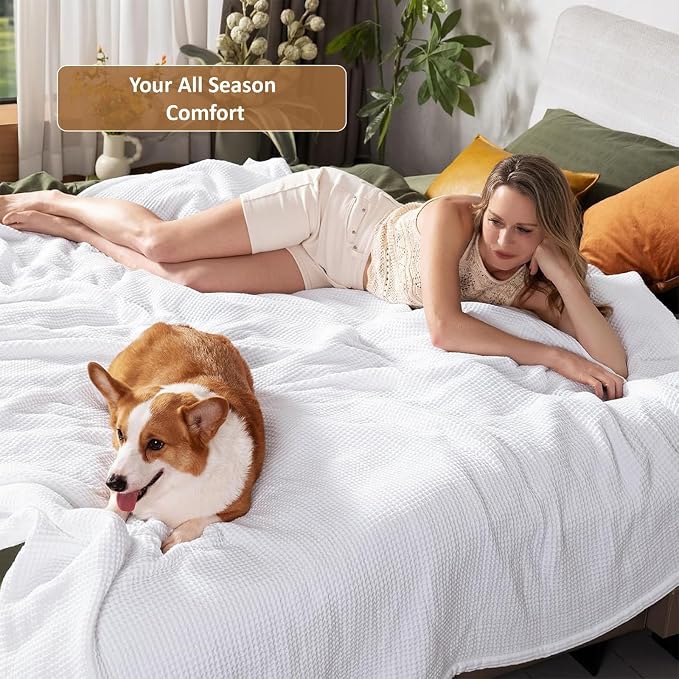ARlinen 100% Tencel Cotton Waffle Blanket, Lightweight, Breathable, Soft All-Season Bed Blanket for Couch, Sofa, Perfect for Hot Sleepers, Cal King (96x108), White